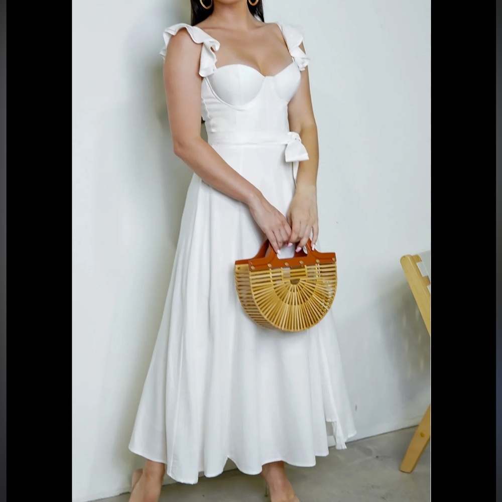 Dress Forum Bustier Ruffle White Linen Blend Dress A Line Feminine Size Medium